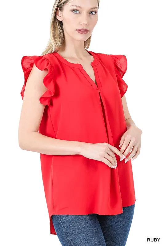Woven Wool Peach Ruffled Sleeve High Low Top