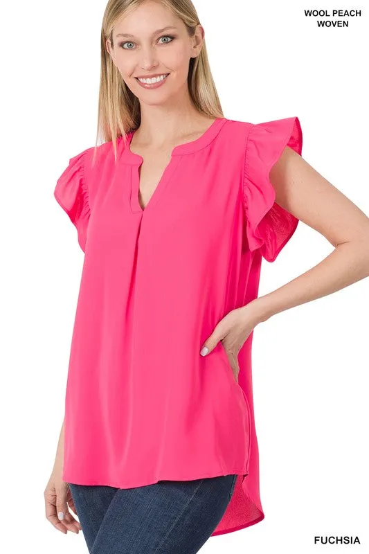 Woven Wool Peach Ruffled Sleeve High Low Top