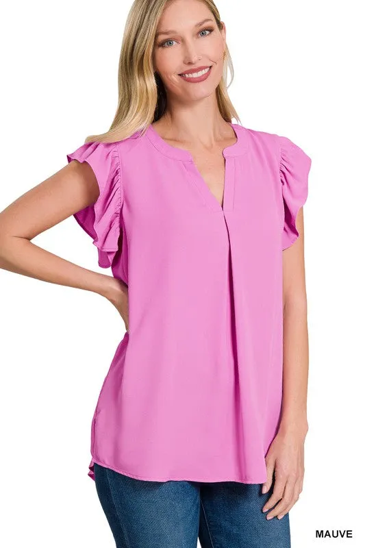 Woven Wool Peach Ruffled Sleeve High Low Top
