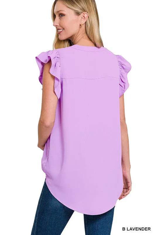 Woven Wool Peach Ruffled Sleeve High Low Top