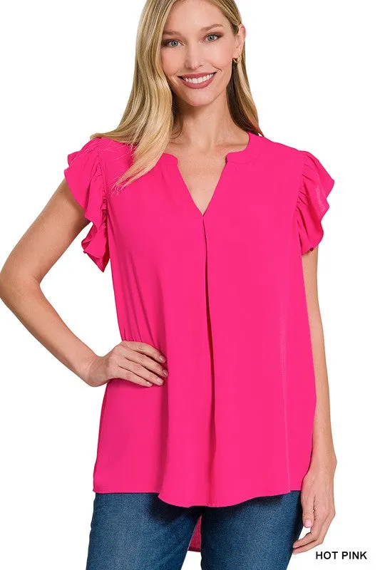 Woven Wool Peach Ruffled Sleeve High Low Top