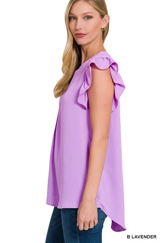 Woven Wool Peach Ruffled Sleeve High Low Top