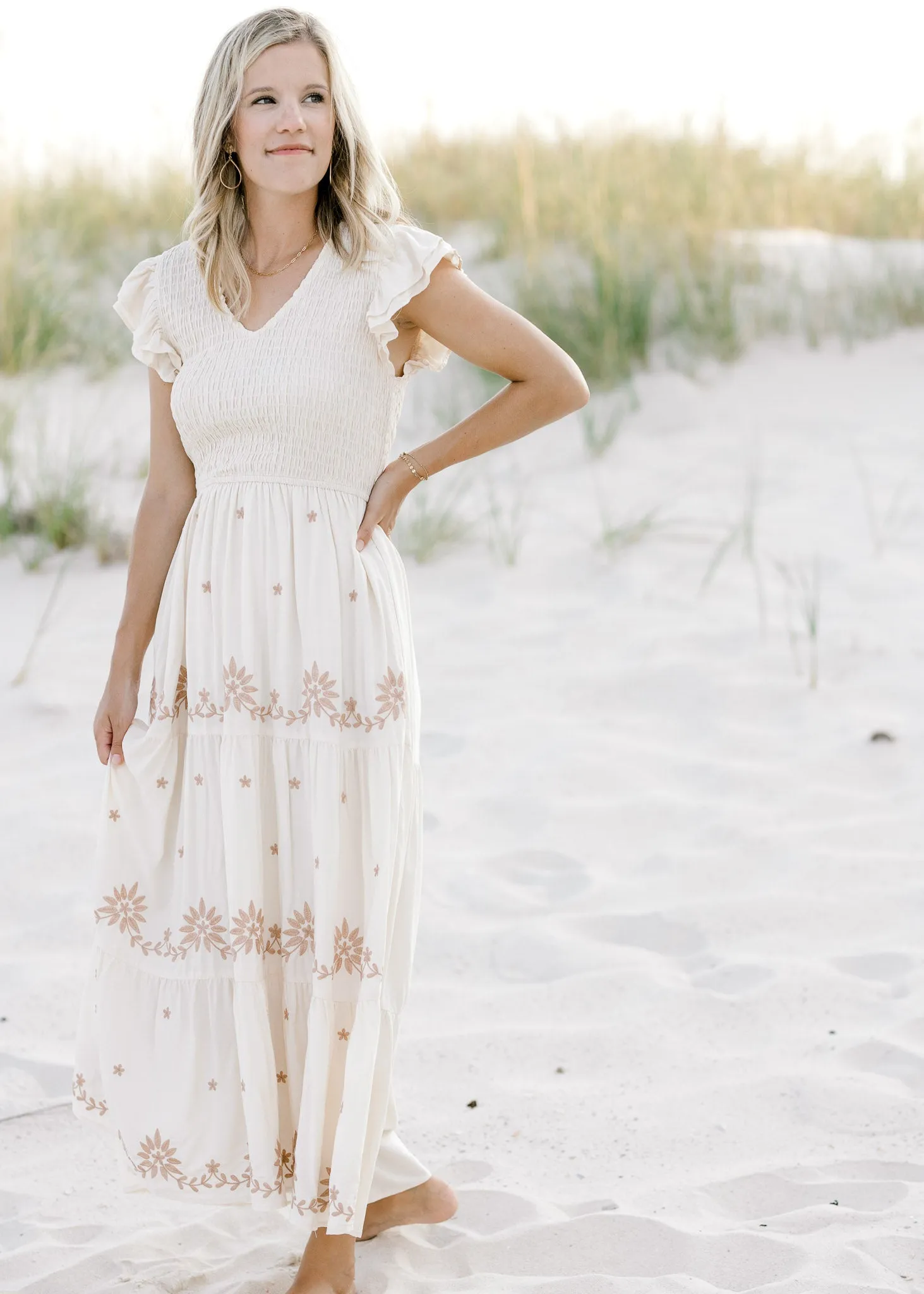 X Taupe and Cream Embroidery Dress