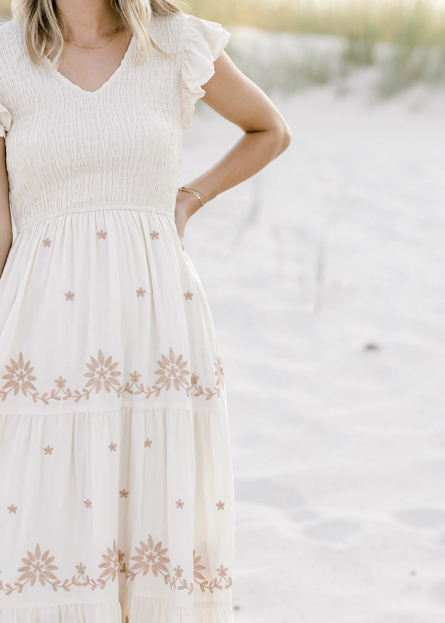 X Taupe and Cream Embroidery Dress