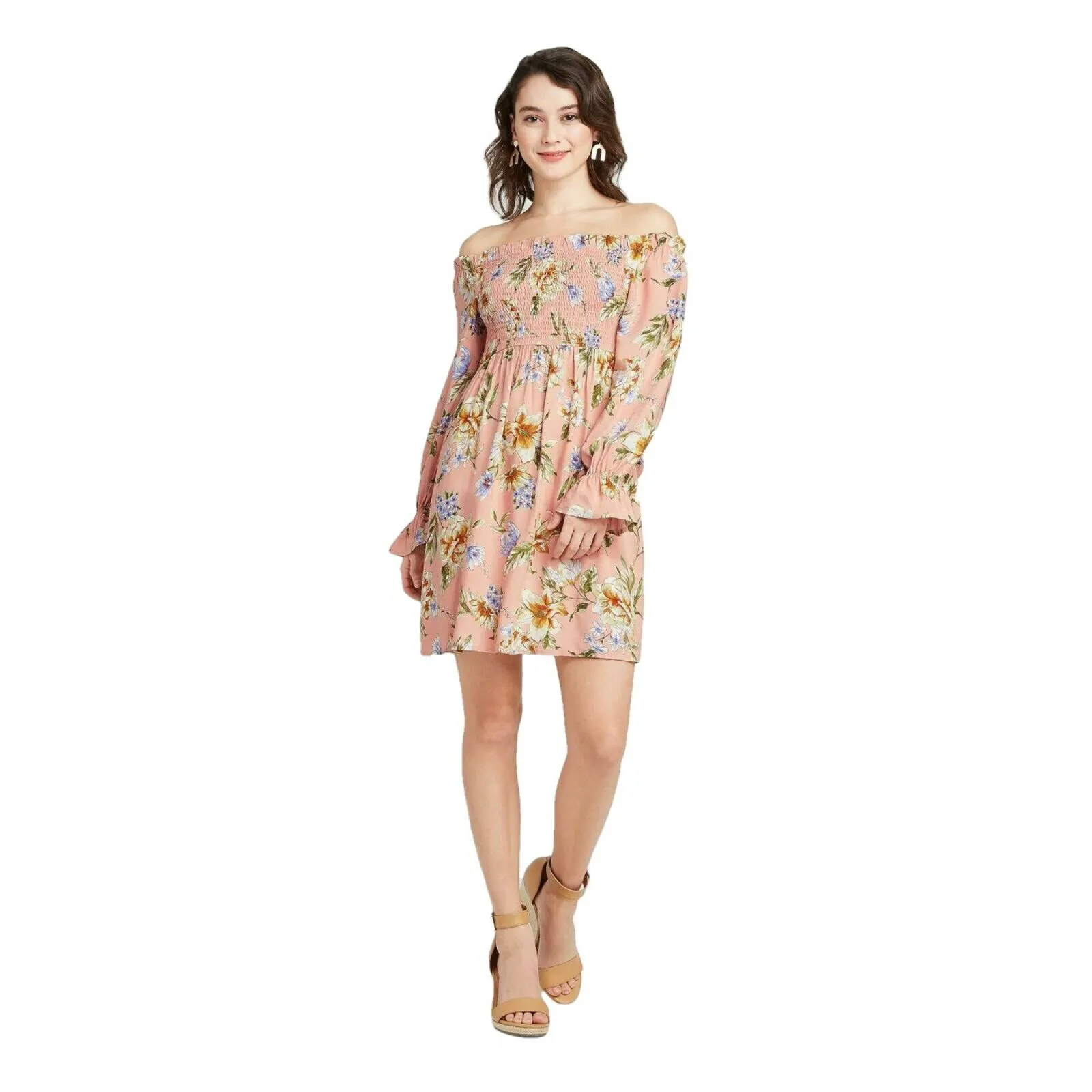Xhilaration Women's Floral Print Long Sleeve Smocked Top Mini Dress