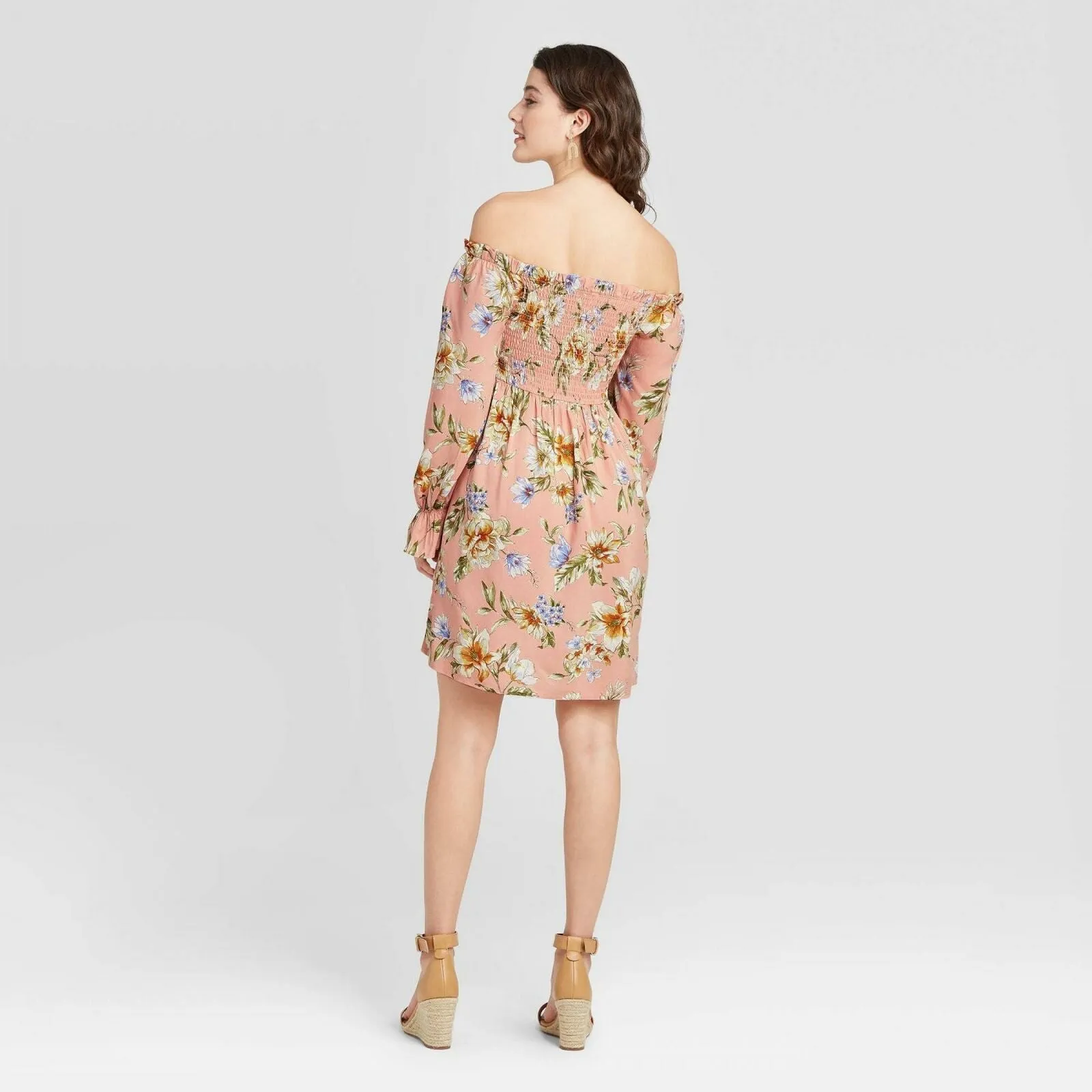Xhilaration Women's Floral Print Long Sleeve Smocked Top Mini Dress