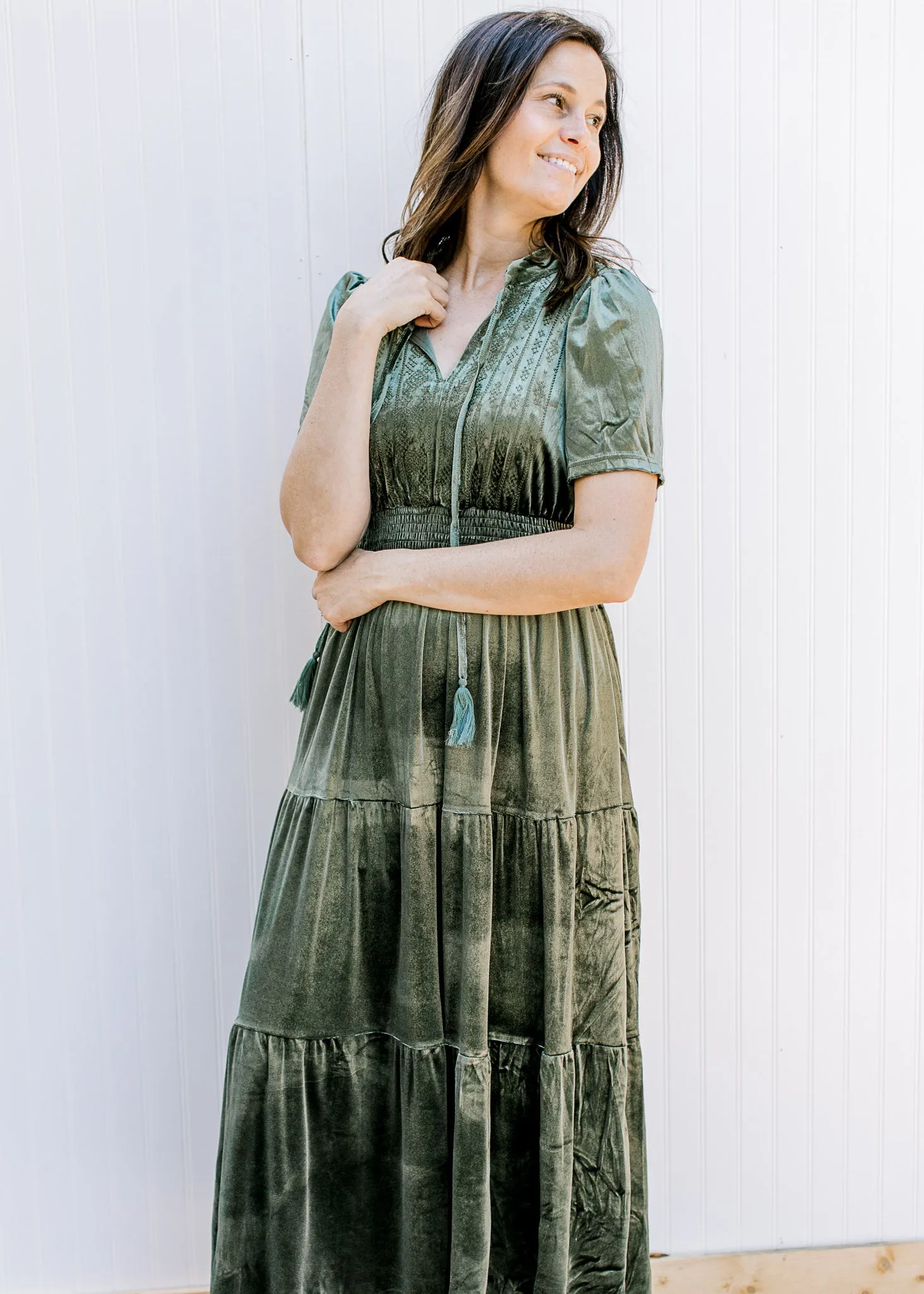 XZ Olive Embroidered Velvet Dress