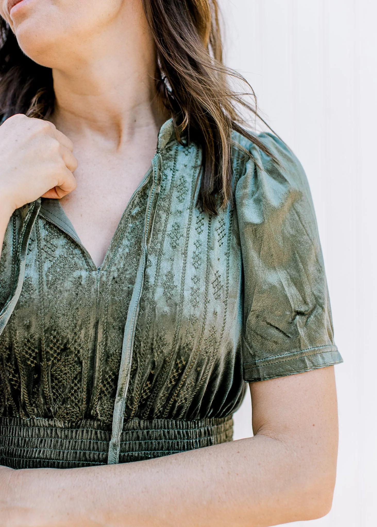 XZ Olive Embroidered Velvet Dress