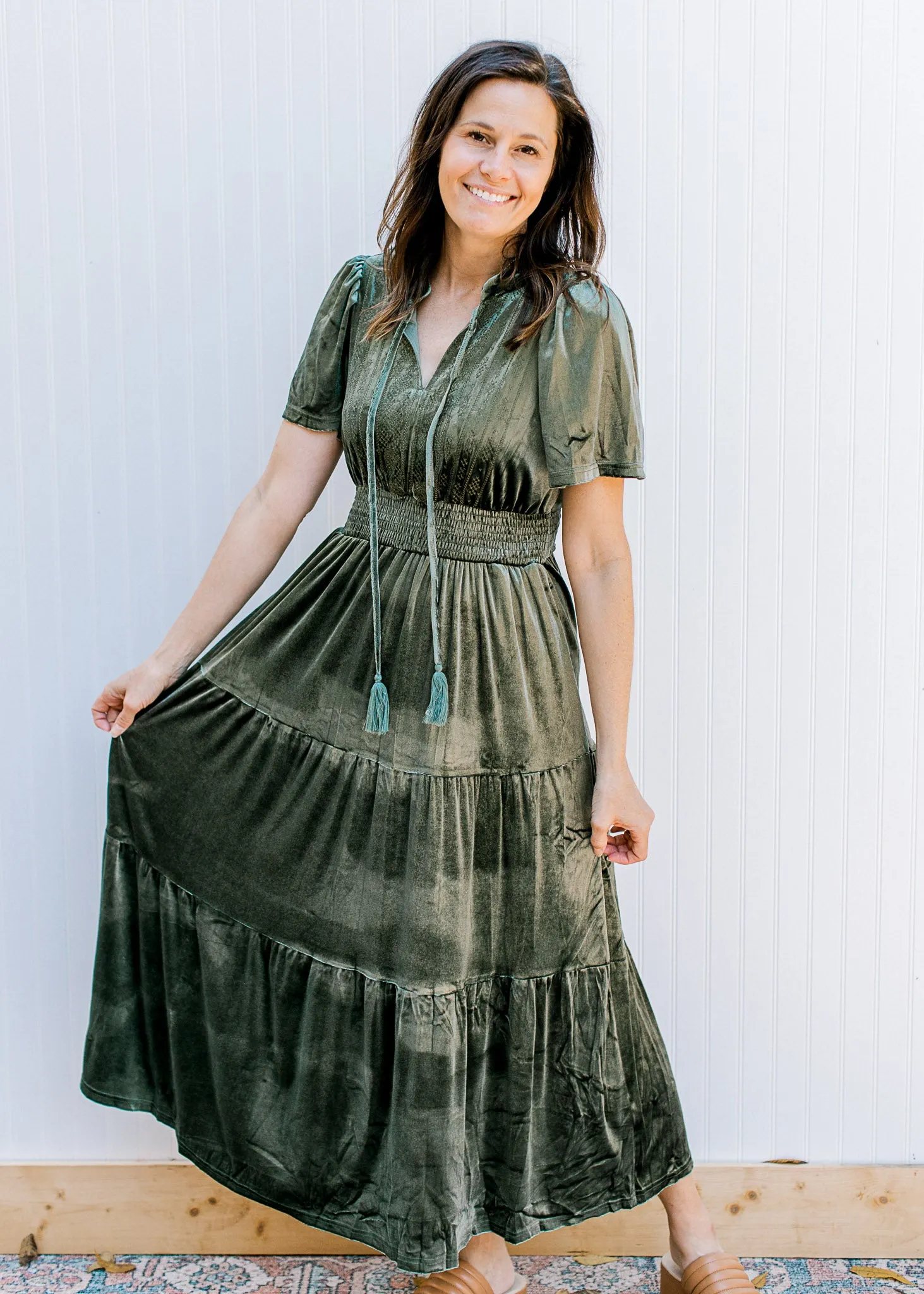 XZ Olive Embroidered Velvet Dress