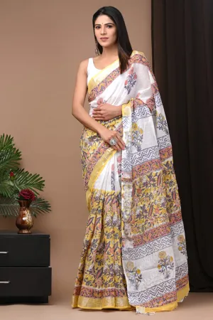 Yellow & White Pure Linen Saree