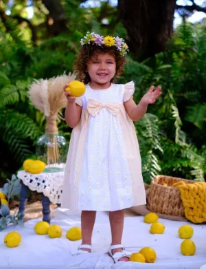 Yellow daisies embroidered fabric Spring girl's dress