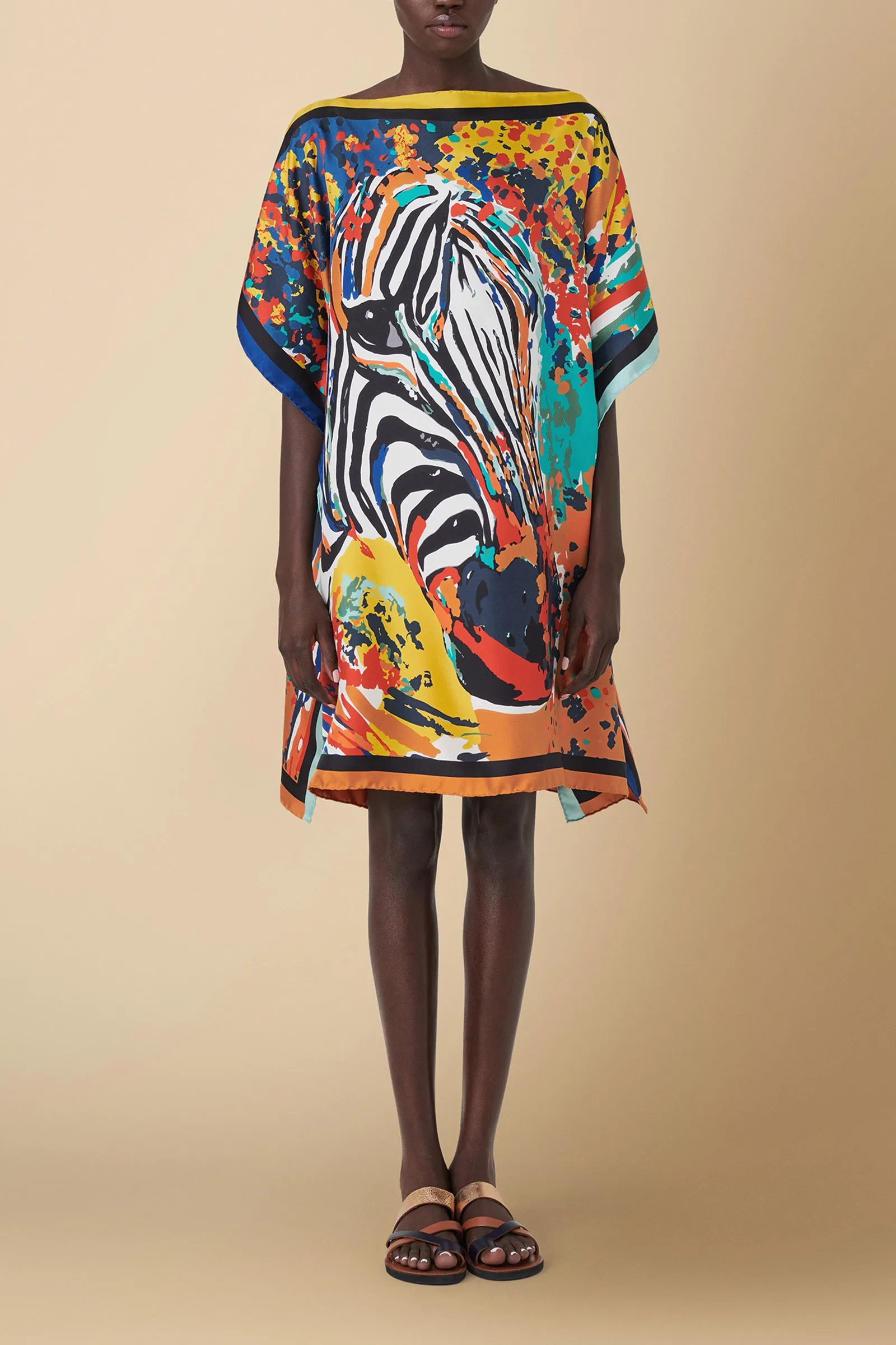 Zebra Print Silk Twill Kaftan Dress Coverup in Orange