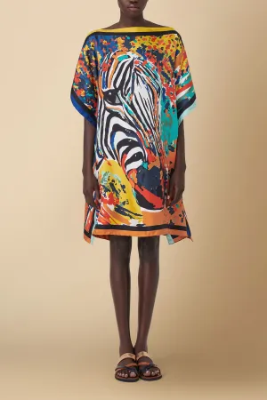 Zebra Print Silk Twill Kaftan Dress Coverup in Orange
