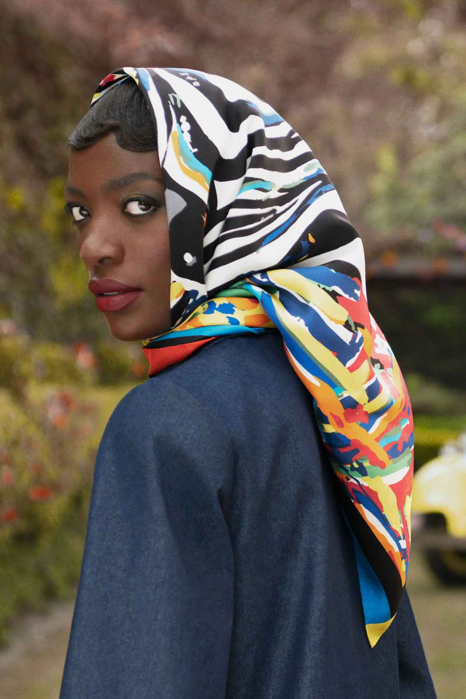 Zebra Print Silk Twill Scarf in Blue-Yellow