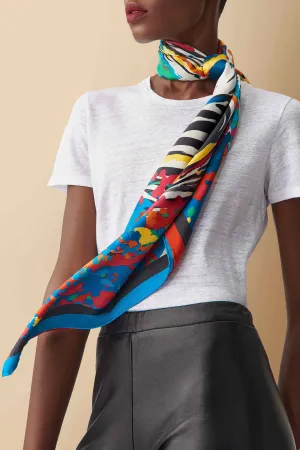 Zebra Print Silk Twill Scarf in Blue-Yellow
