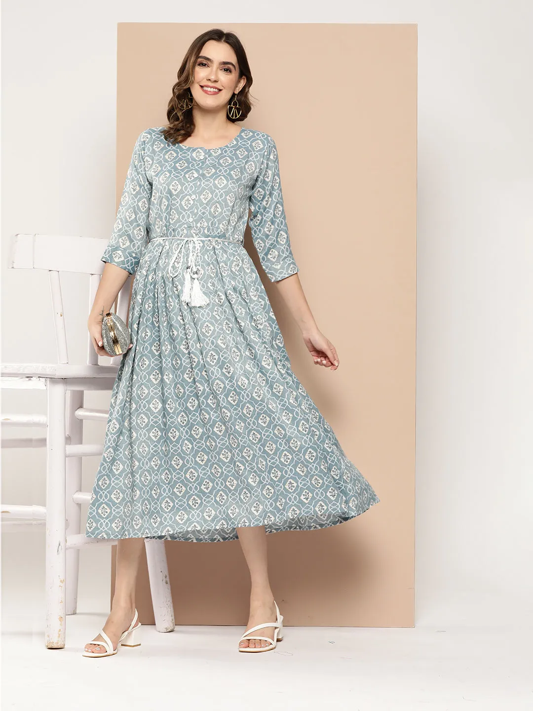 ZOLA Exclusive Round Neck Rayon All Over Ethnic Print Blue Fit & Flare Ethnic Dress For Women