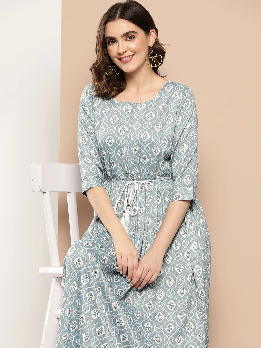 ZOLA Exclusive Round Neck Rayon All Over Ethnic Print Blue Fit & Flare Ethnic Dress For Women