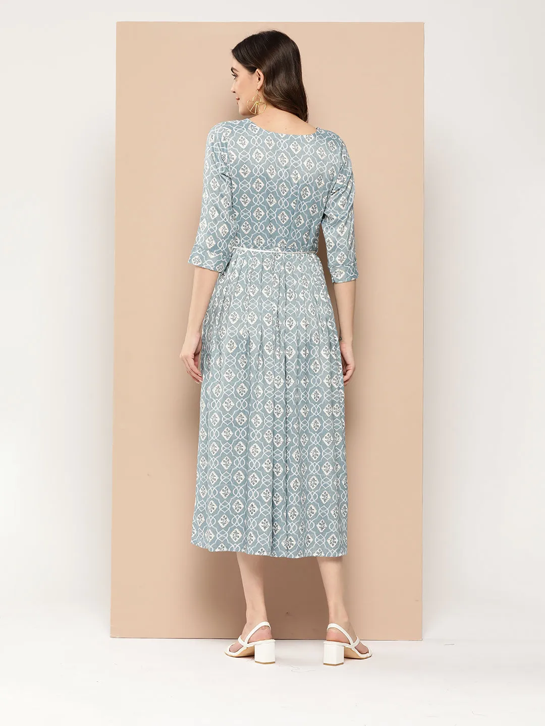 ZOLA Exclusive Round Neck Rayon All Over Ethnic Print Blue Fit & Flare Ethnic Dress For Women