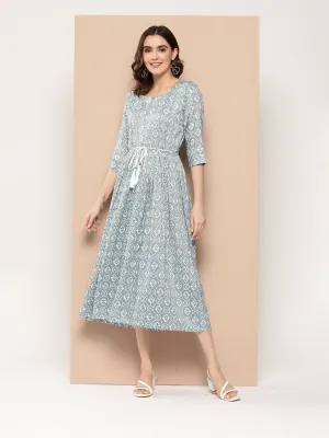 ZOLA Exclusive Round Neck Rayon All Over Ethnic Print Blue Fit & Flare Ethnic Dress For Women