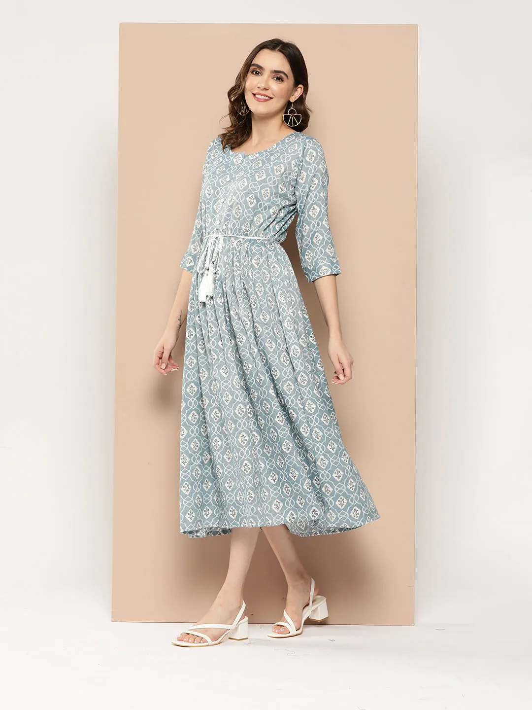 ZOLA Exclusive Round Neck Rayon All Over Ethnic Print Blue Fit & Flare Ethnic Dress For Women