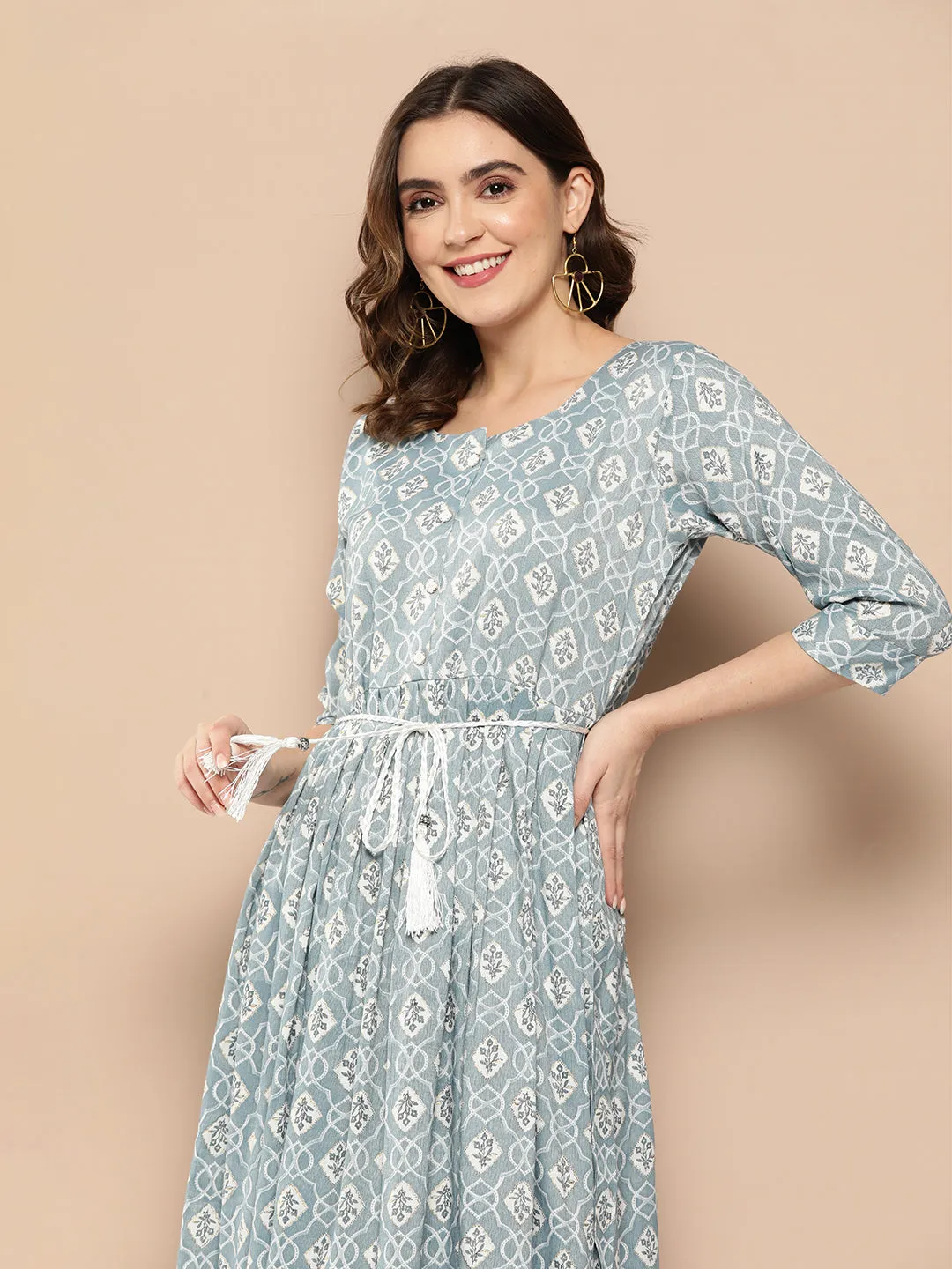 ZOLA Exclusive Round Neck Rayon All Over Ethnic Print Blue Fit & Flare Ethnic Dress For Women