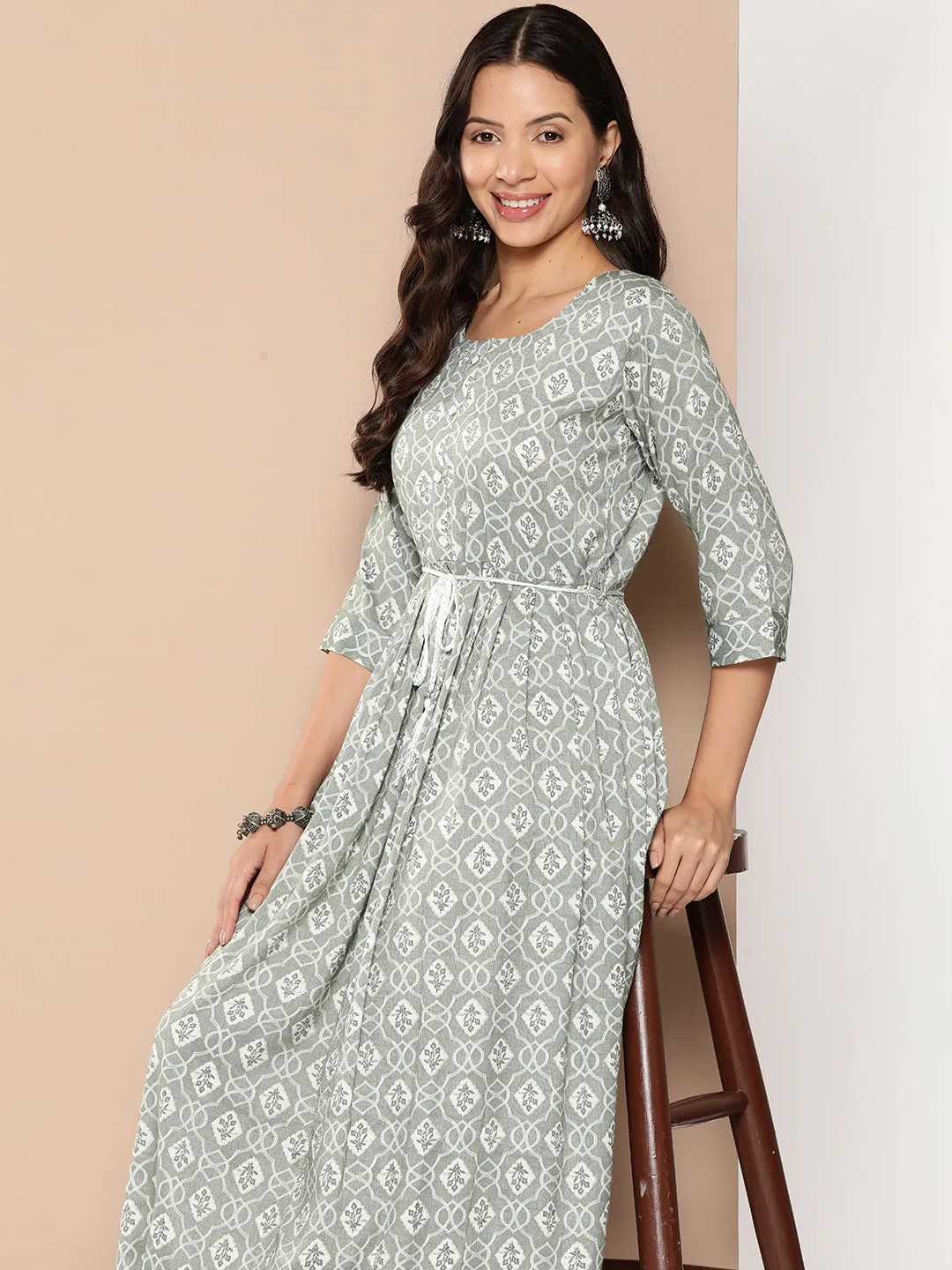 ZOLA Exclusive Round Neck Rayon All Over Ethnic Print Light Green Fit & Flare Ethnic Dress For Women