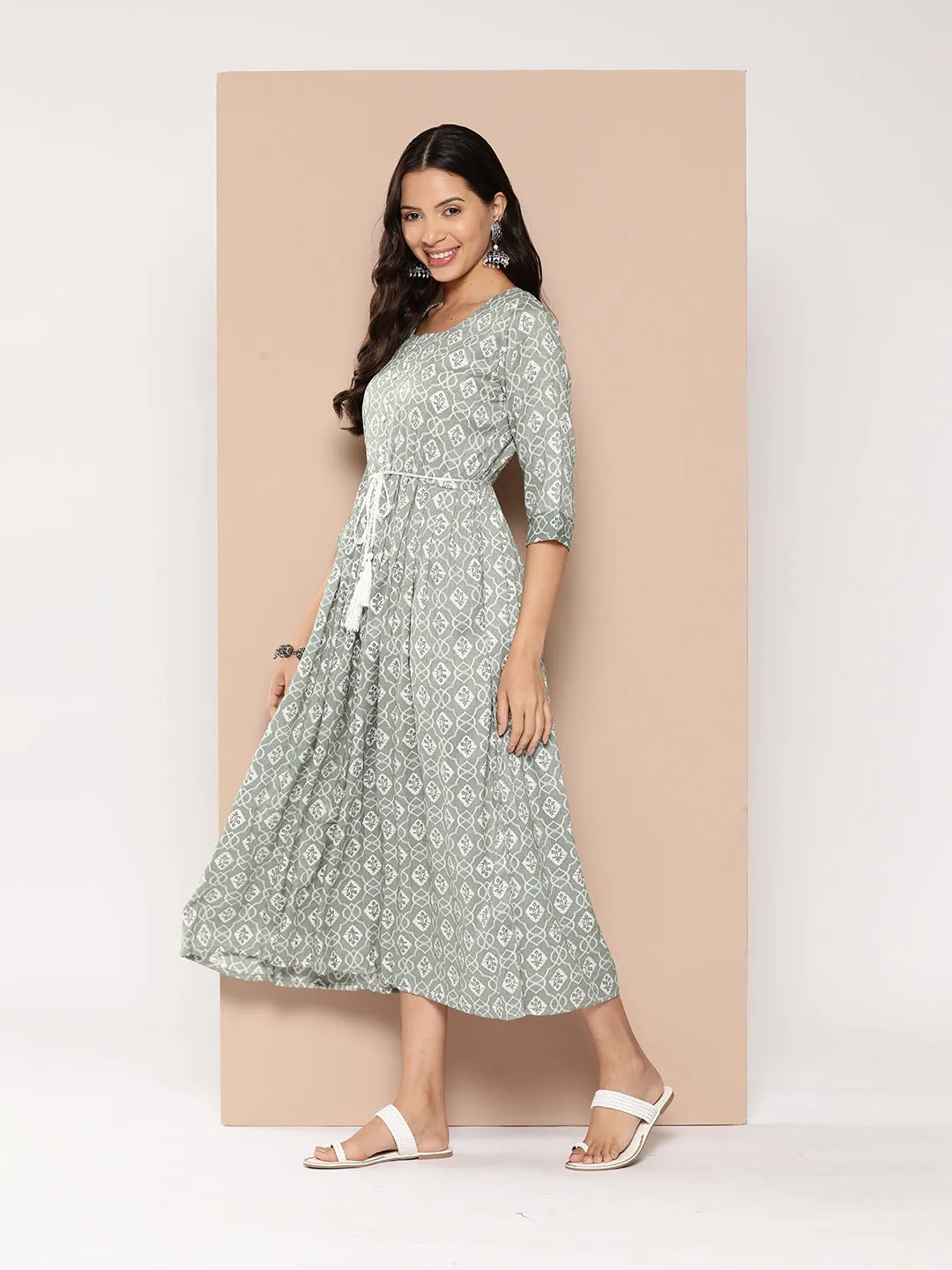 ZOLA Exclusive Round Neck Rayon All Over Ethnic Print Light Green Fit & Flare Ethnic Dress For Women