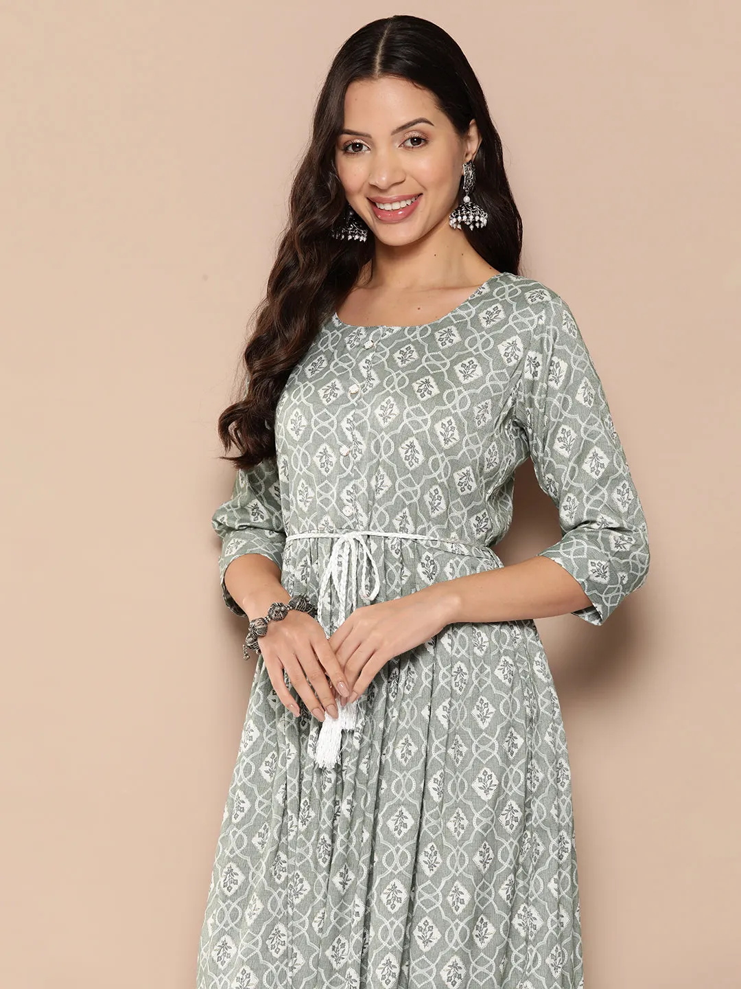 ZOLA Exclusive Round Neck Rayon All Over Ethnic Print Light Green Fit & Flare Ethnic Dress For Women