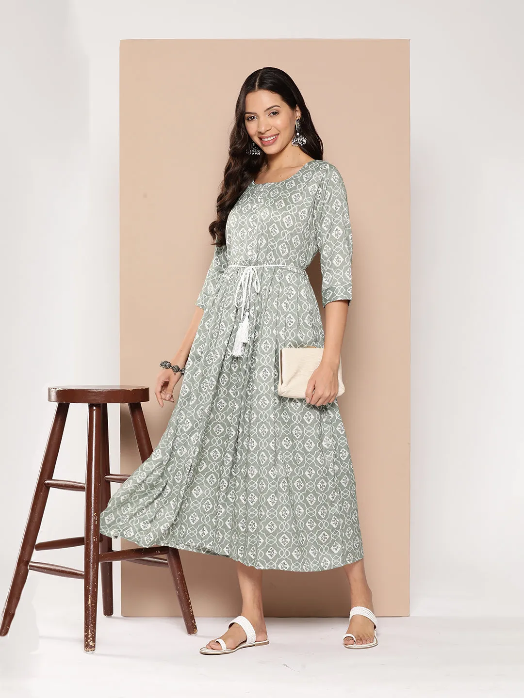 ZOLA Exclusive Round Neck Rayon All Over Ethnic Print Light Green Fit & Flare Ethnic Dress For Women