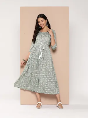 ZOLA Exclusive Round Neck Rayon All Over Ethnic Print Light Green Fit & Flare Ethnic Dress For Women