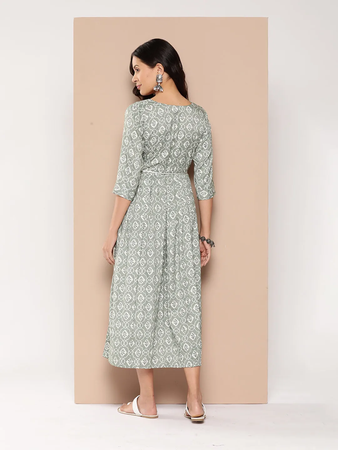 ZOLA Exclusive Round Neck Rayon All Over Ethnic Print Light Green Fit & Flare Ethnic Dress For Women