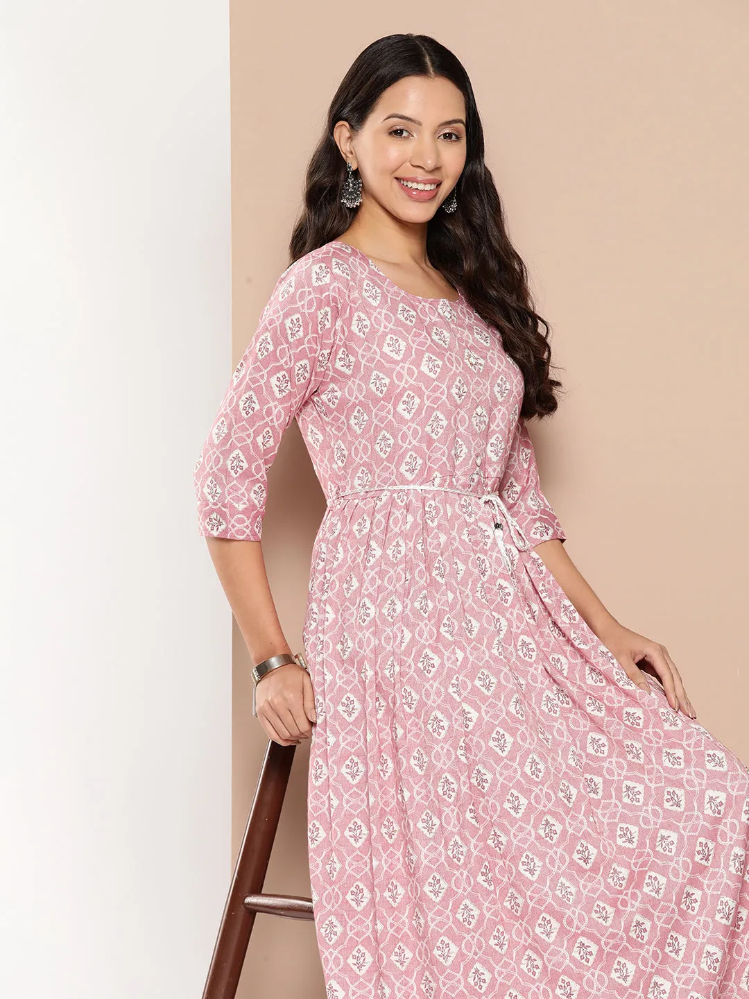 ZOLA Exclusive Round Neck Rayon All Over Ethnic Print onion Fit & Flare Ethnic Dress For Women