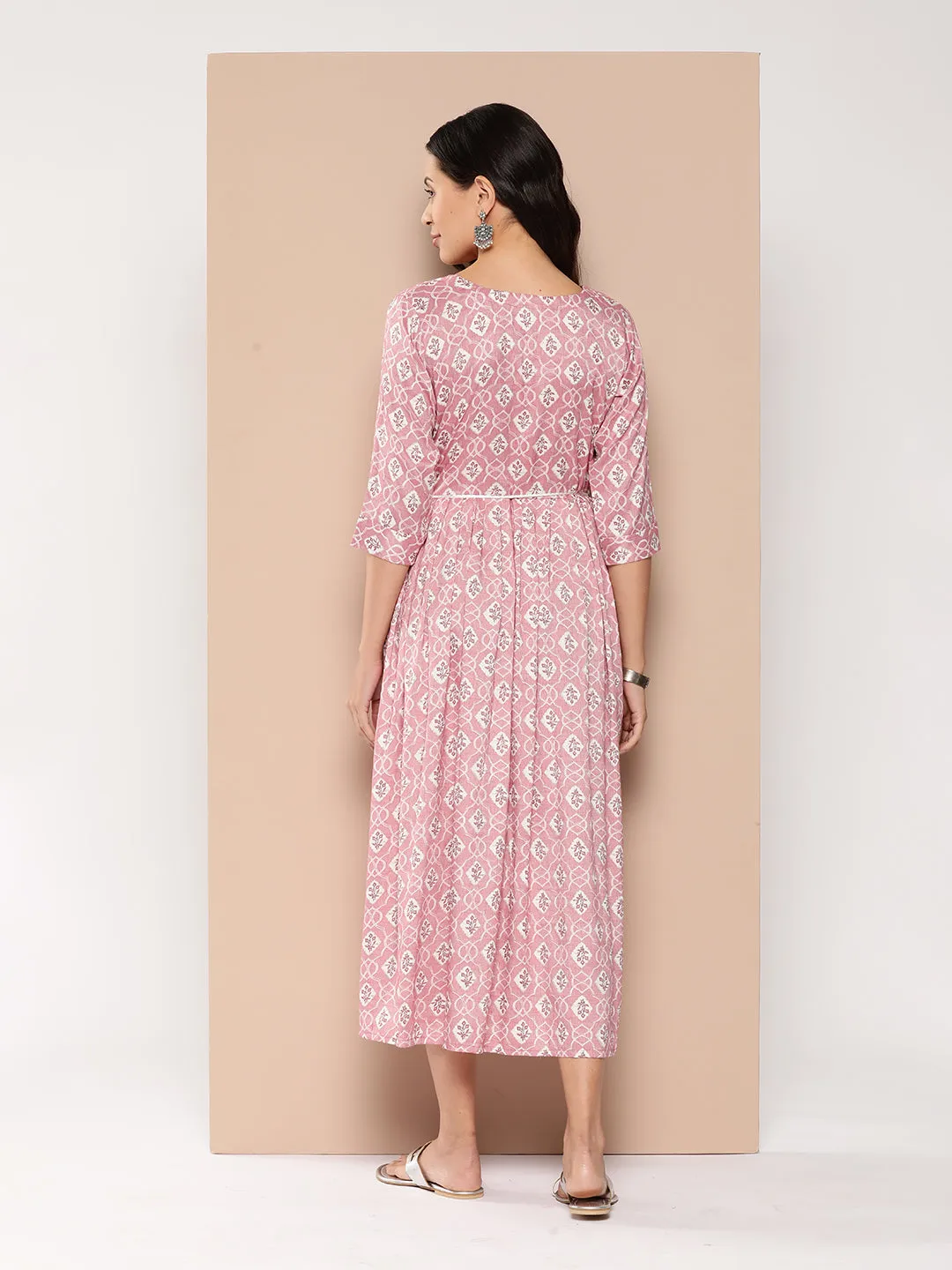 ZOLA Exclusive Round Neck Rayon All Over Ethnic Print onion Fit & Flare Ethnic Dress For Women