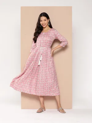 ZOLA Exclusive Round Neck Rayon All Over Ethnic Print onion Fit & Flare Ethnic Dress For Women
