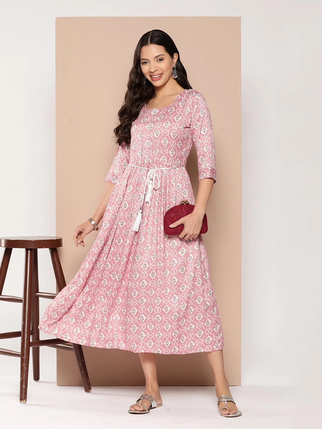 ZOLA Exclusive Round Neck Rayon All Over Ethnic Print onion Fit & Flare Ethnic Dress For Women