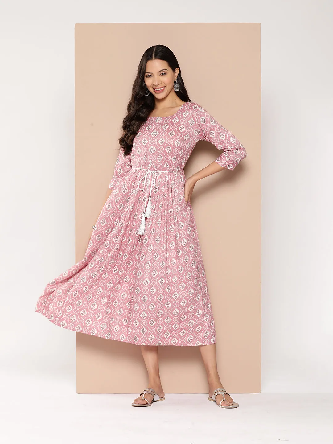 ZOLA Exclusive Round Neck Rayon All Over Ethnic Print onion Fit & Flare Ethnic Dress For Women