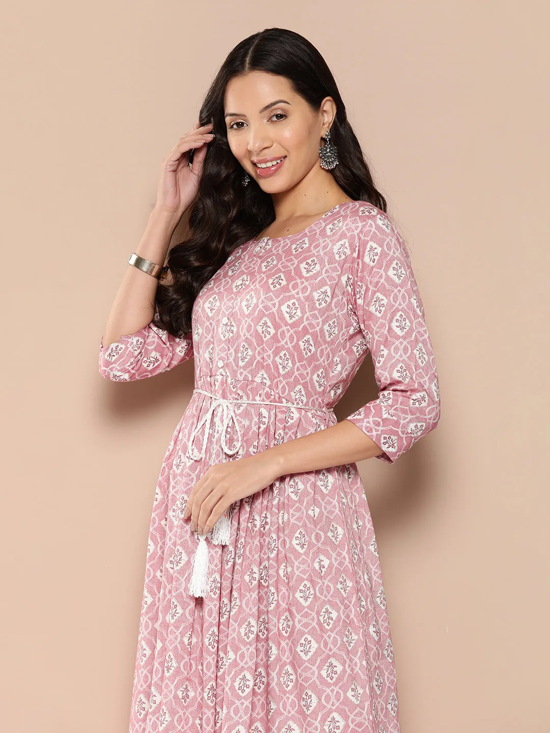 ZOLA Exclusive Round Neck Rayon All Over Ethnic Print onion Fit & Flare Ethnic Dress For Women