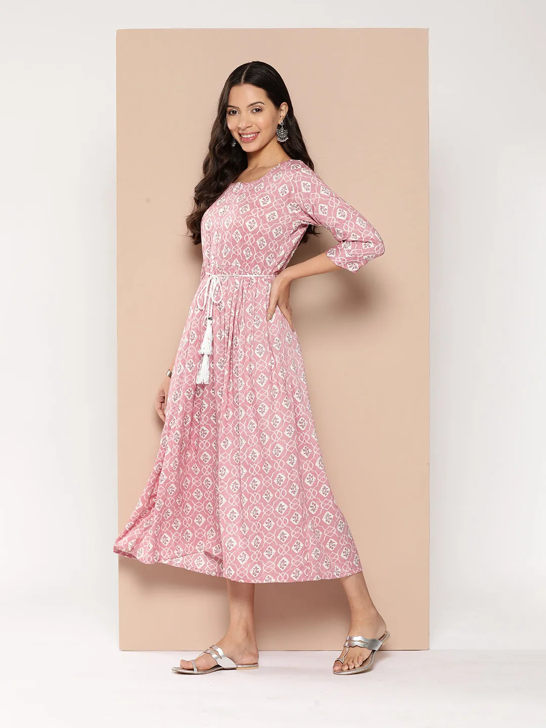 ZOLA Exclusive Round Neck Rayon All Over Ethnic Print onion Fit & Flare Ethnic Dress For Women